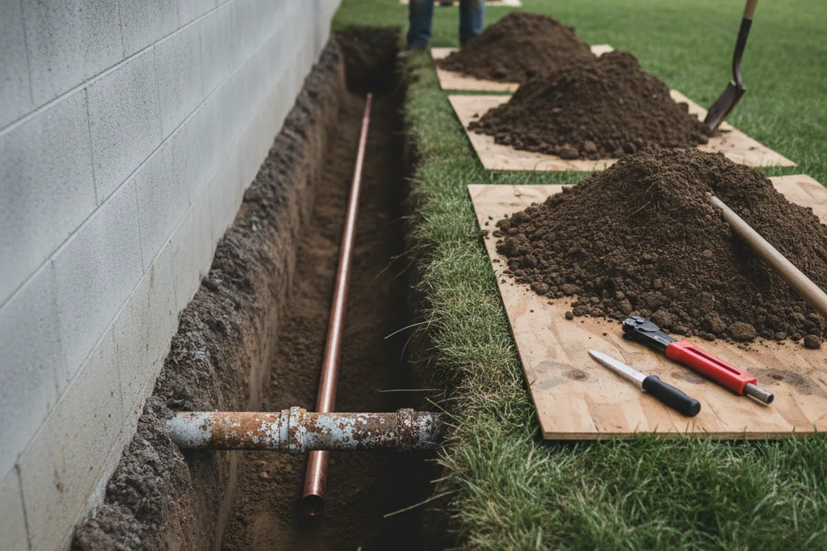 Excavated water line trench during Sewer Line Repair in Pearland